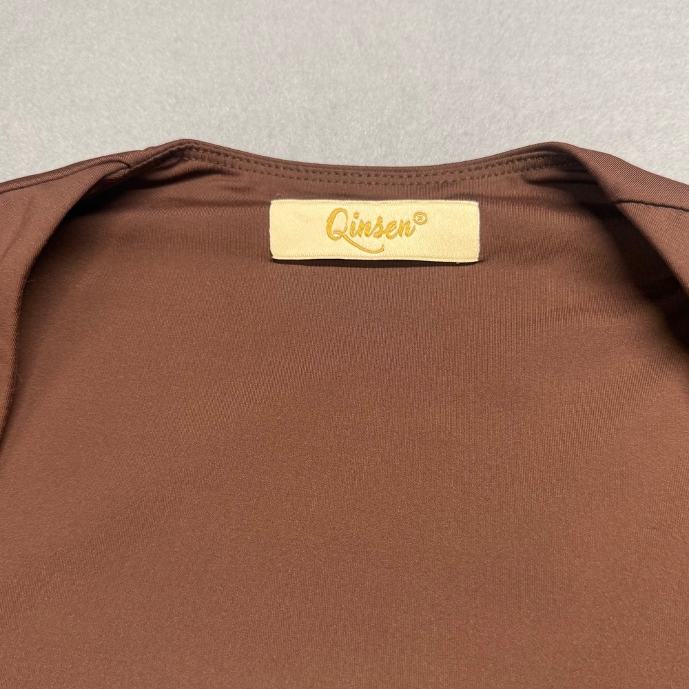Tik Tok top pick, Qinsen Women Brown Long Sleeve Square Neck Cropped Top - Picture 3 of 8